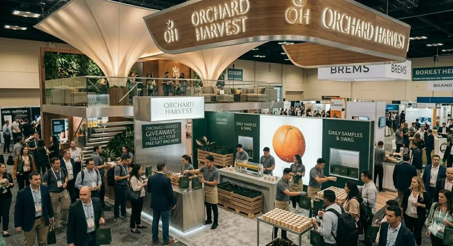 Food brand exhibition stand with branded signage and sampling counters