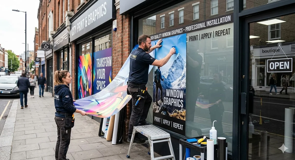 Installers applying printed window graphics to a shopfront