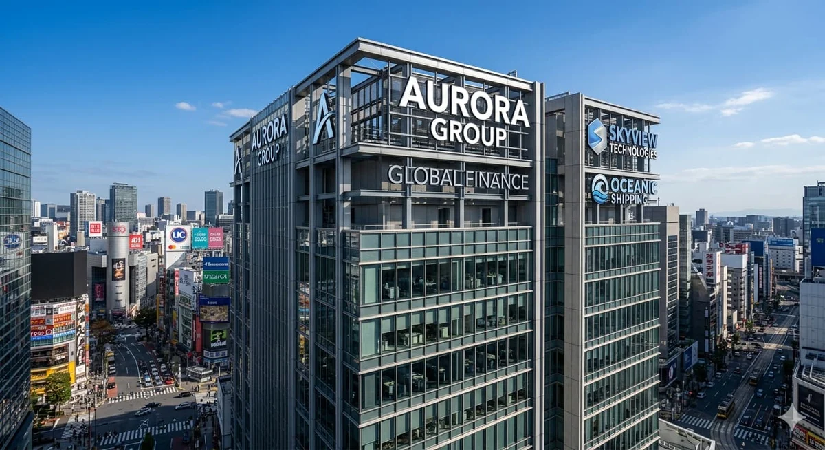 Corporate identity signage across the top floors of a high-rise office building