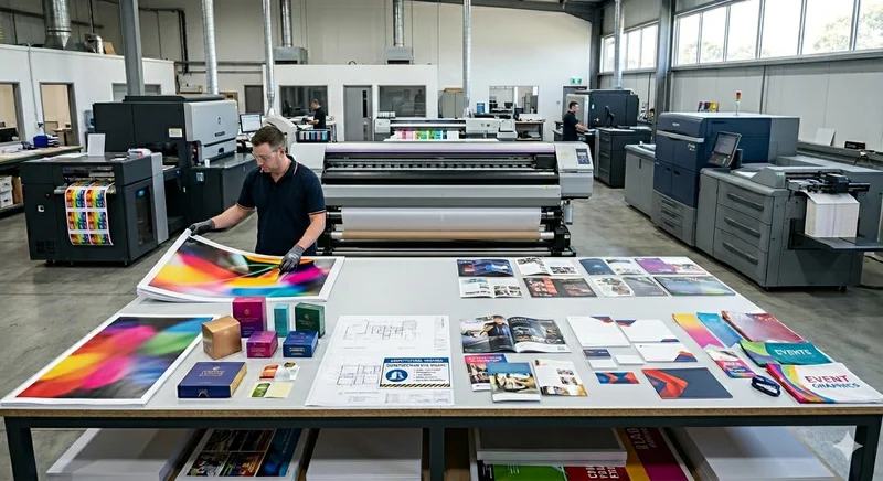 Printed booklets and product information materials checked in a print studio