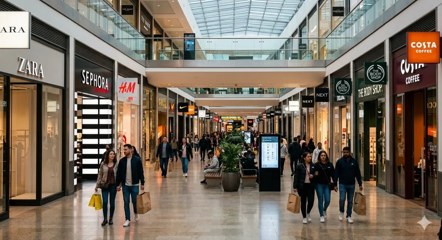 Illuminated brand signage across a busy mall