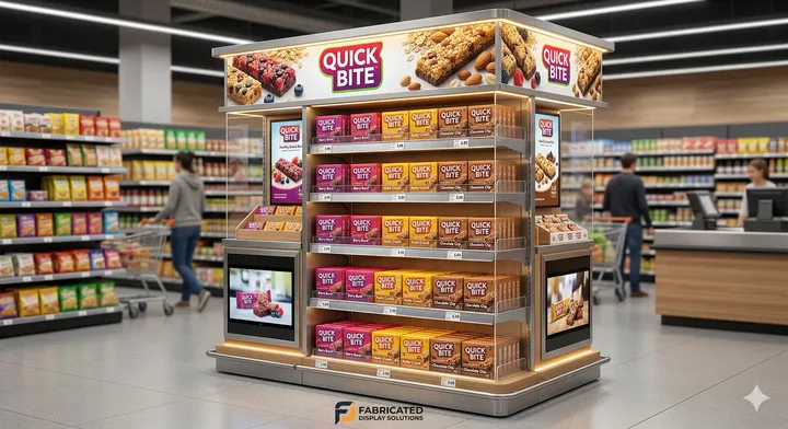 Supermarket snack aisle with branded point-of-sale display units