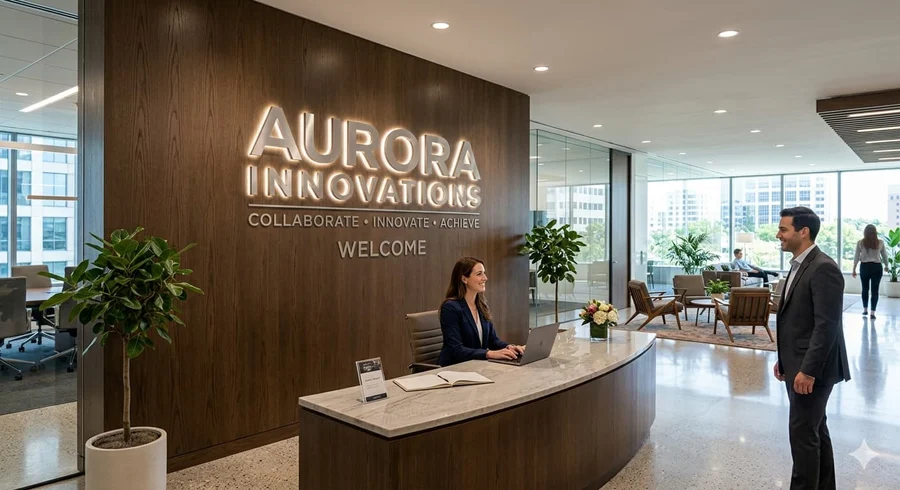 Corporate reception with backlit branded wall signage