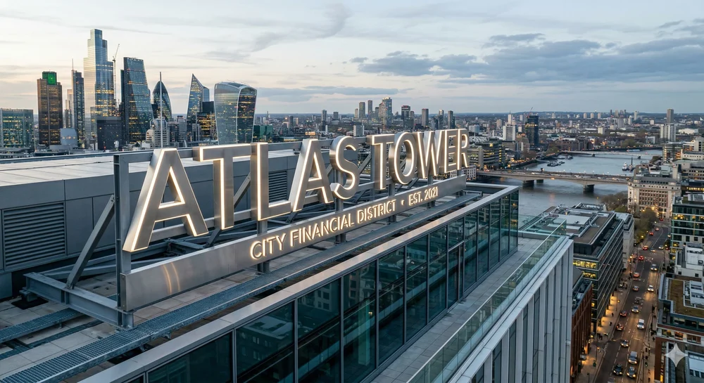 Signage solutions for businesses in Dubai: illuminated rooftop letters on a commercial building