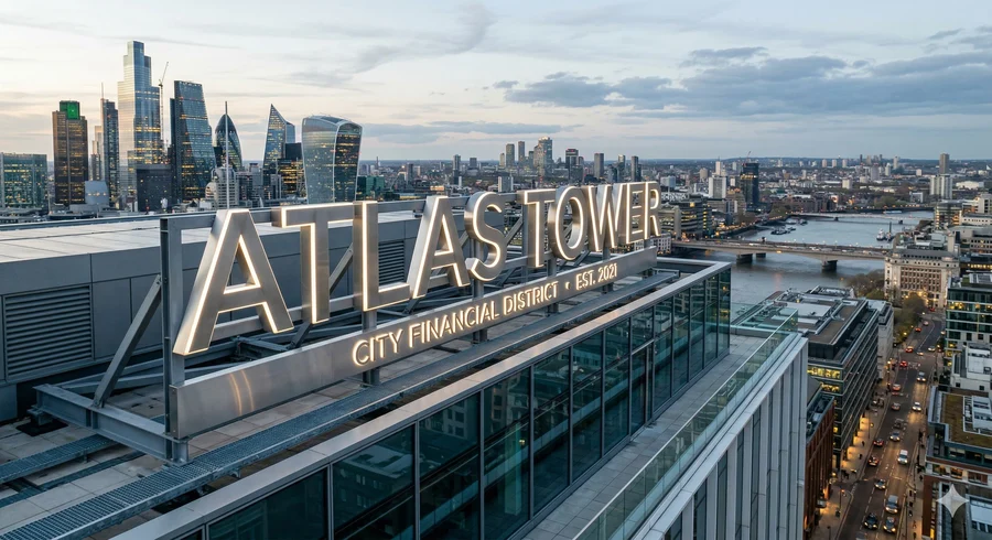 Illuminated building-top signage on a commercial tower