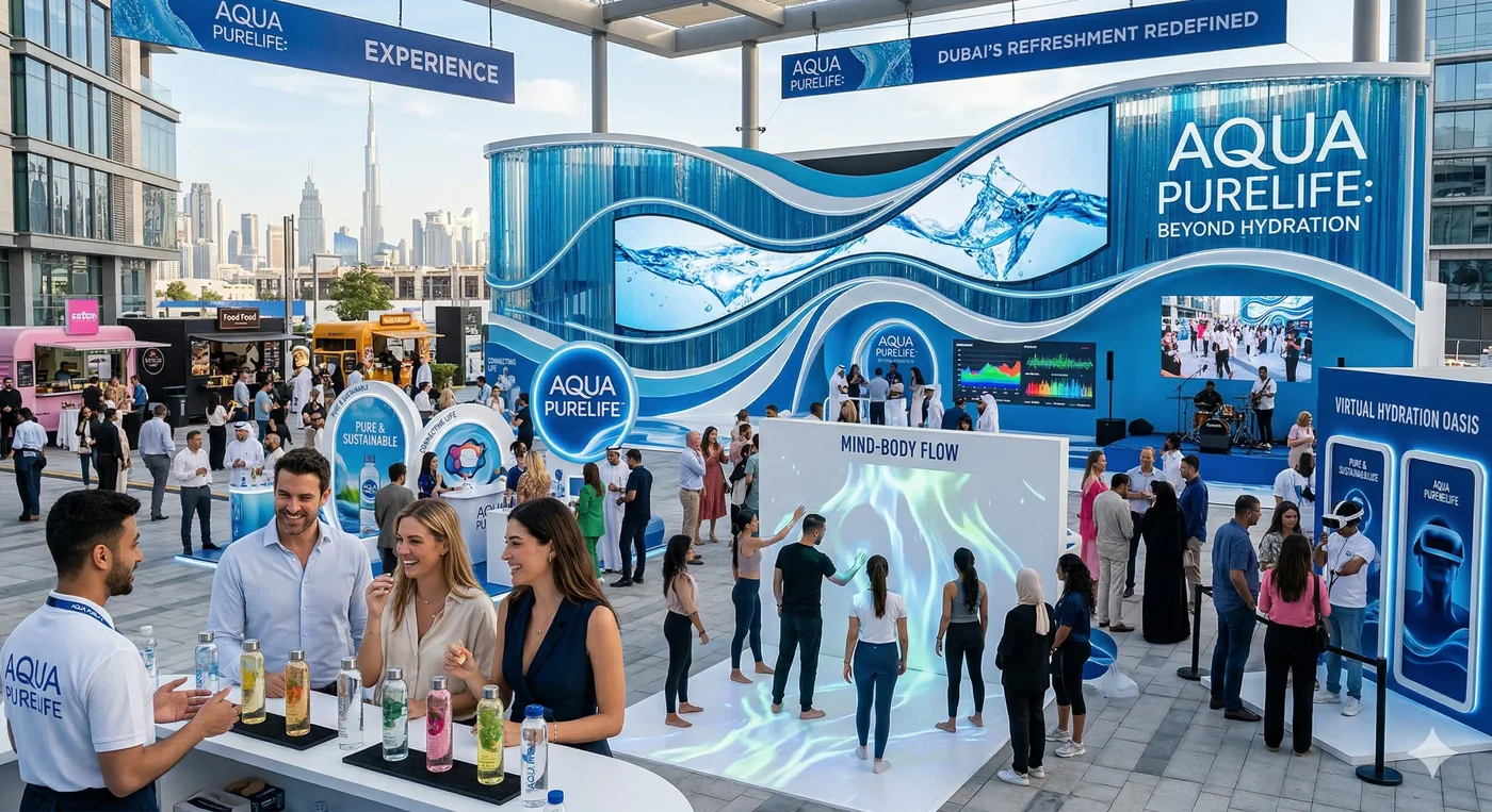 Launch your brand outdoors. Activation zone with LED walls and sampling counters in Dubai