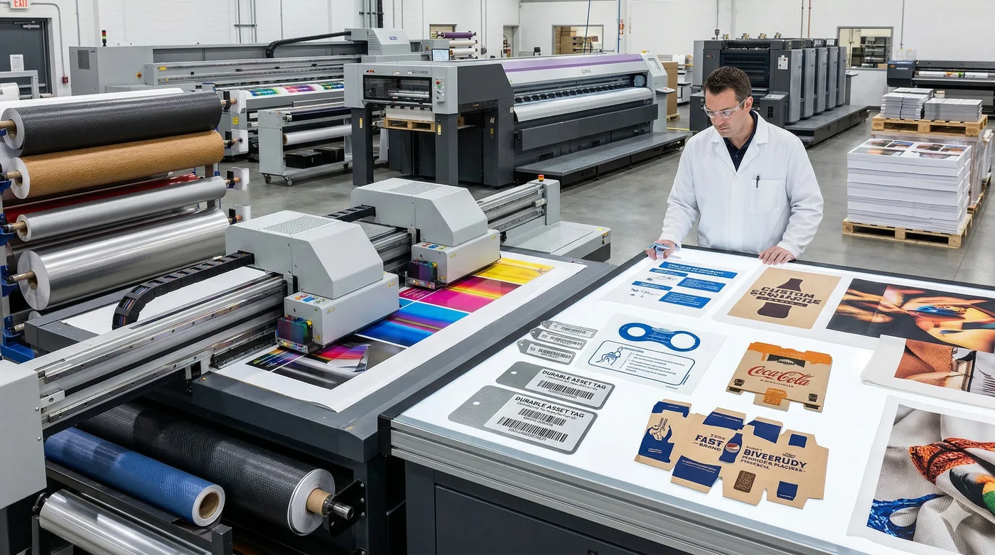 Quality you can trust. Operator inspecting full-color packaging proofs on an industrial press