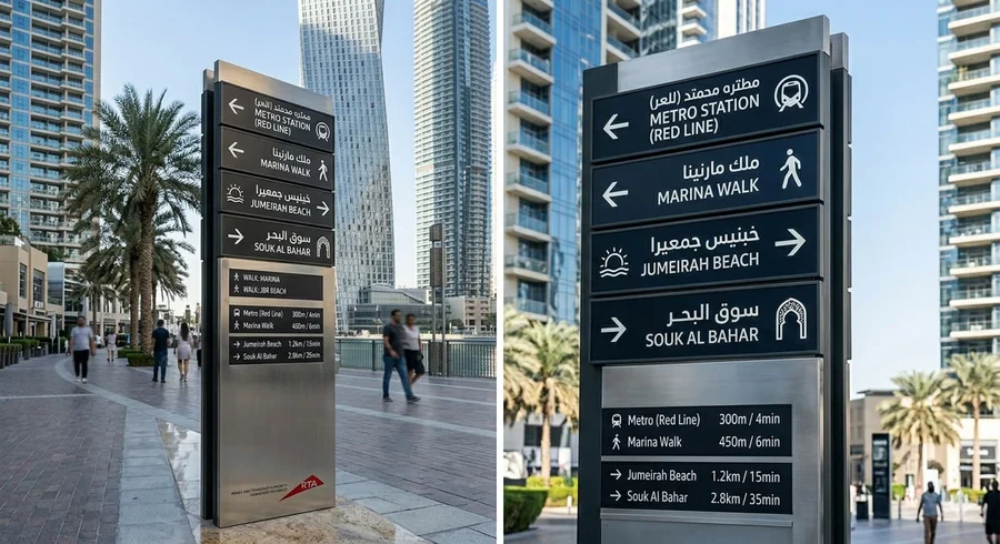 Bilingual wayfinding signage in a Dubai district