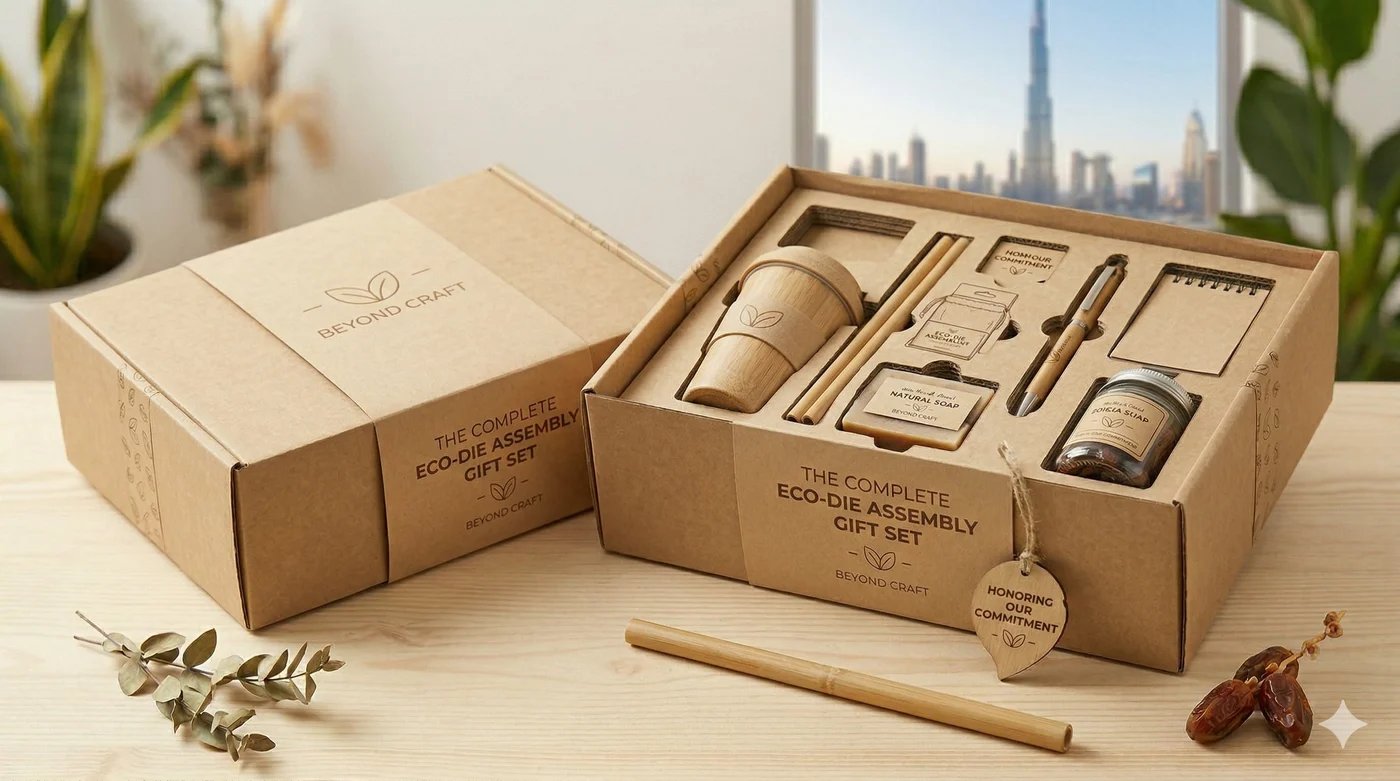 Gift sustainably. Eco set with bamboo cup, reusable straw, and natural soap in kraft packaging