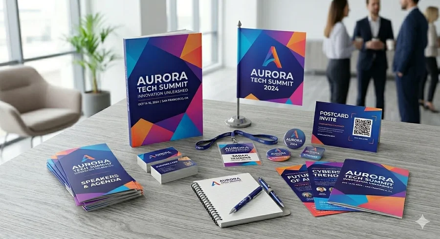 Printed event kit with programme, flag, lanyard, name badges and notebook