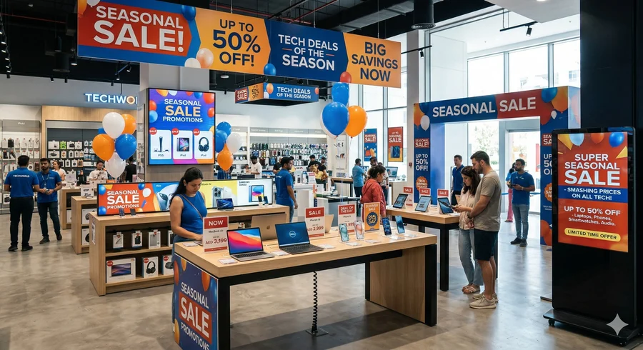 Consumer electronics store with seasonal sale banners and promotional displays