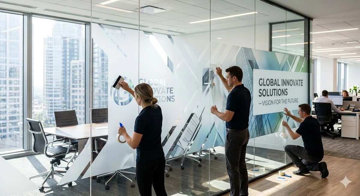 Installers applying branded vinyl graphics to office glass partitions