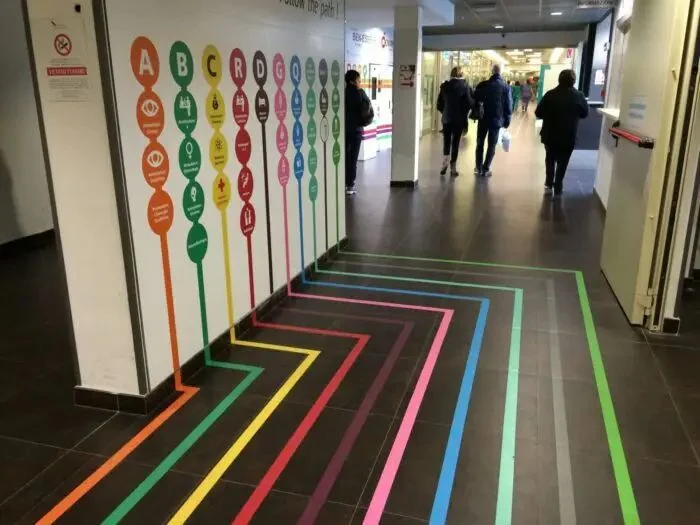 Guide your customers effortlessly. Color-coded wayfinding system in a shopping mall
